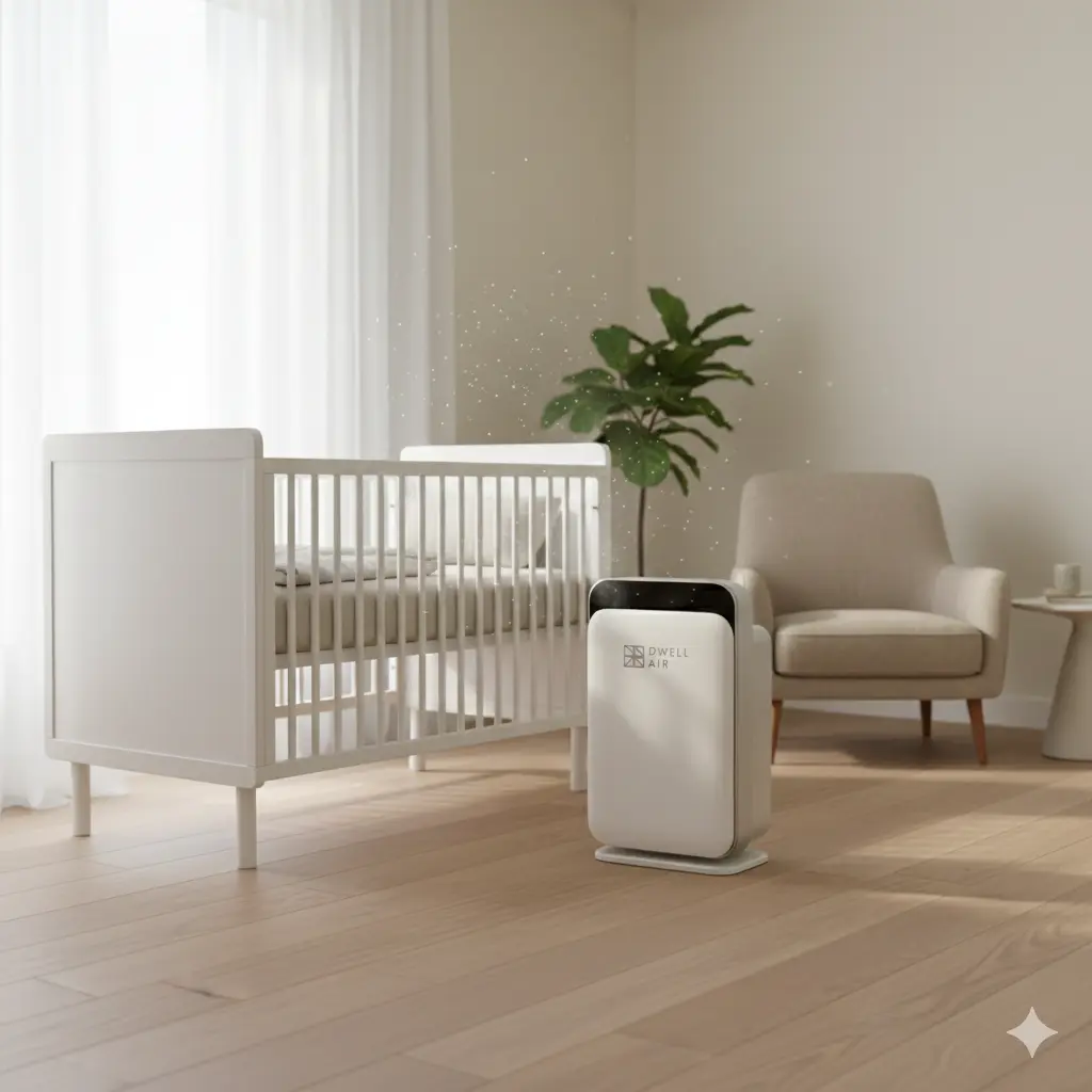 Standalone BABY AIR purifier tower in a lifestyle shot, horizontal for desktop
